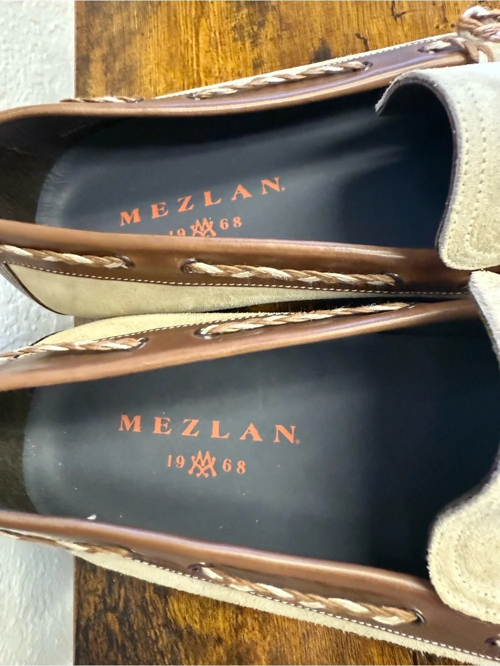 Mezlan 1968 Men's Suede Loafers in Beige with Brown Trim 13